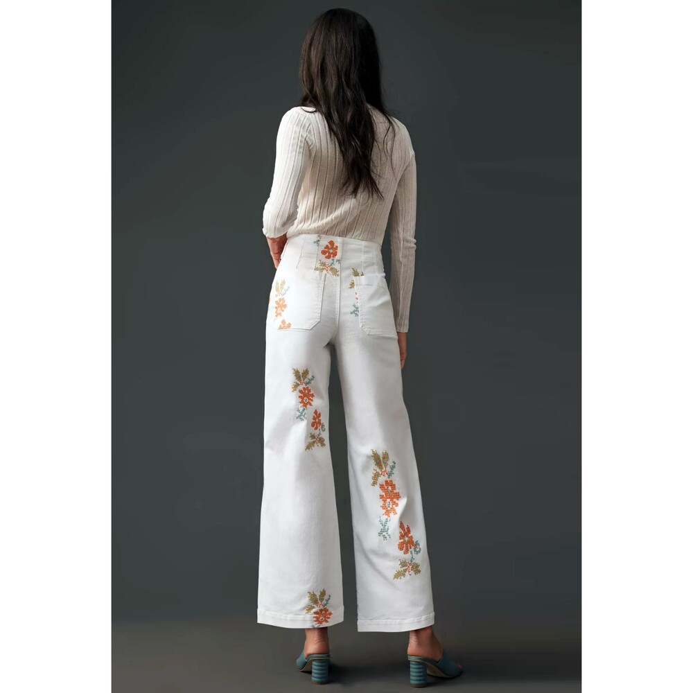 Maeve Anthropologie Colette Jeans 30 White Floral Embroidered Crop Wide Leg Boho - Picture 2 of 16